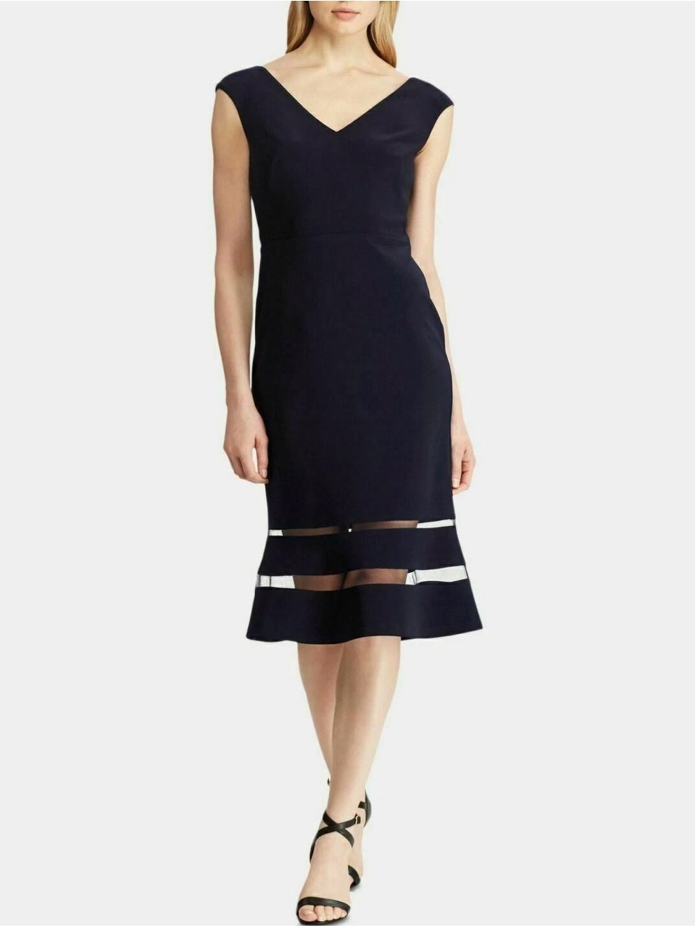 Lauren Ralph Lauren Navy V-Neck Midi Dress with Mesh Stripe Hem